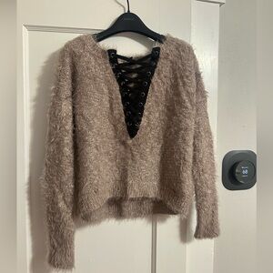 Express Fuzzy Lace-Up V-Neck Sweater - Brown